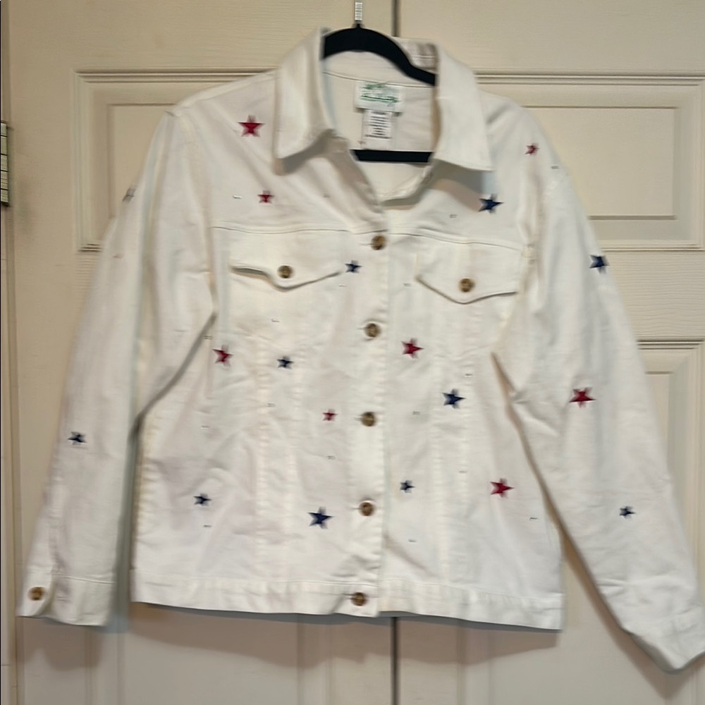 White Denim Jacket with Star Embroidery and crystals Quaker Factory size medium